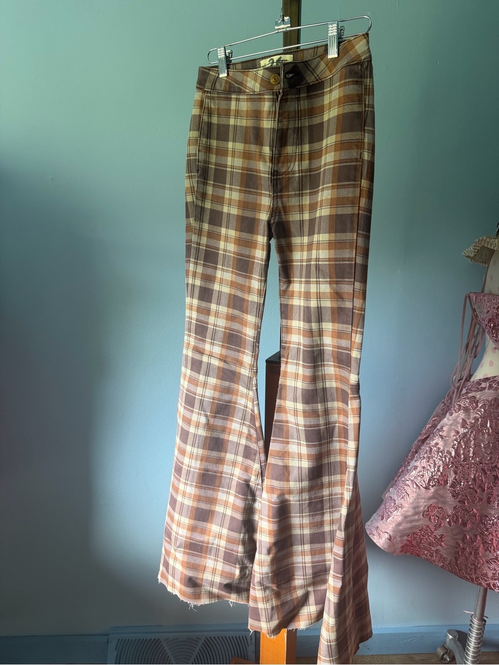 We the free Plaid Flare Pants in Brown and Cream Tones
